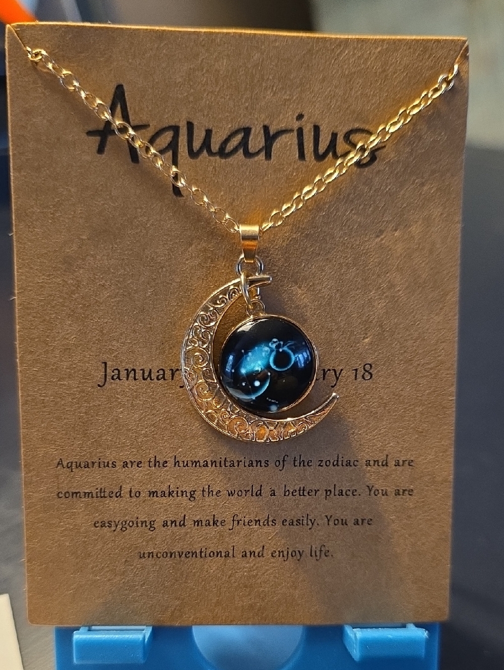 Aquarius Gold-Tone Crescent Moon Necklace with Black Zodiac Pendant